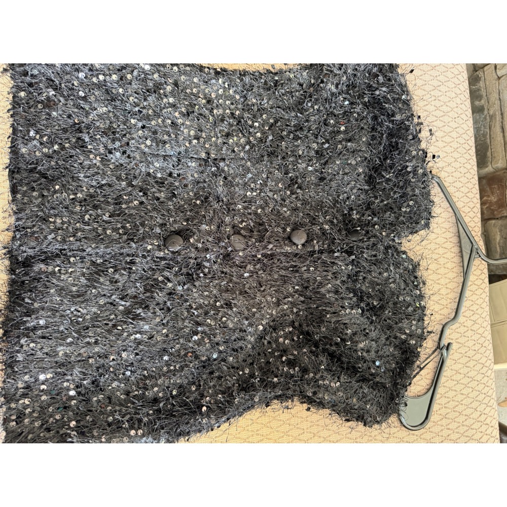 Zara Black Sequin Eyelash Fringe Cropped Vest Button Front Shaggy Size Medium